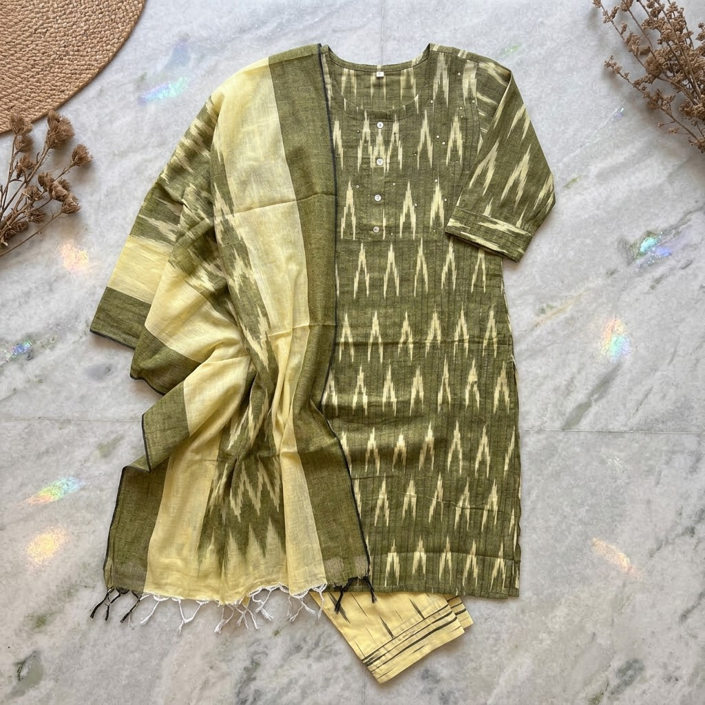Olive Green Ikat Printed Kurta Set with Dupatta