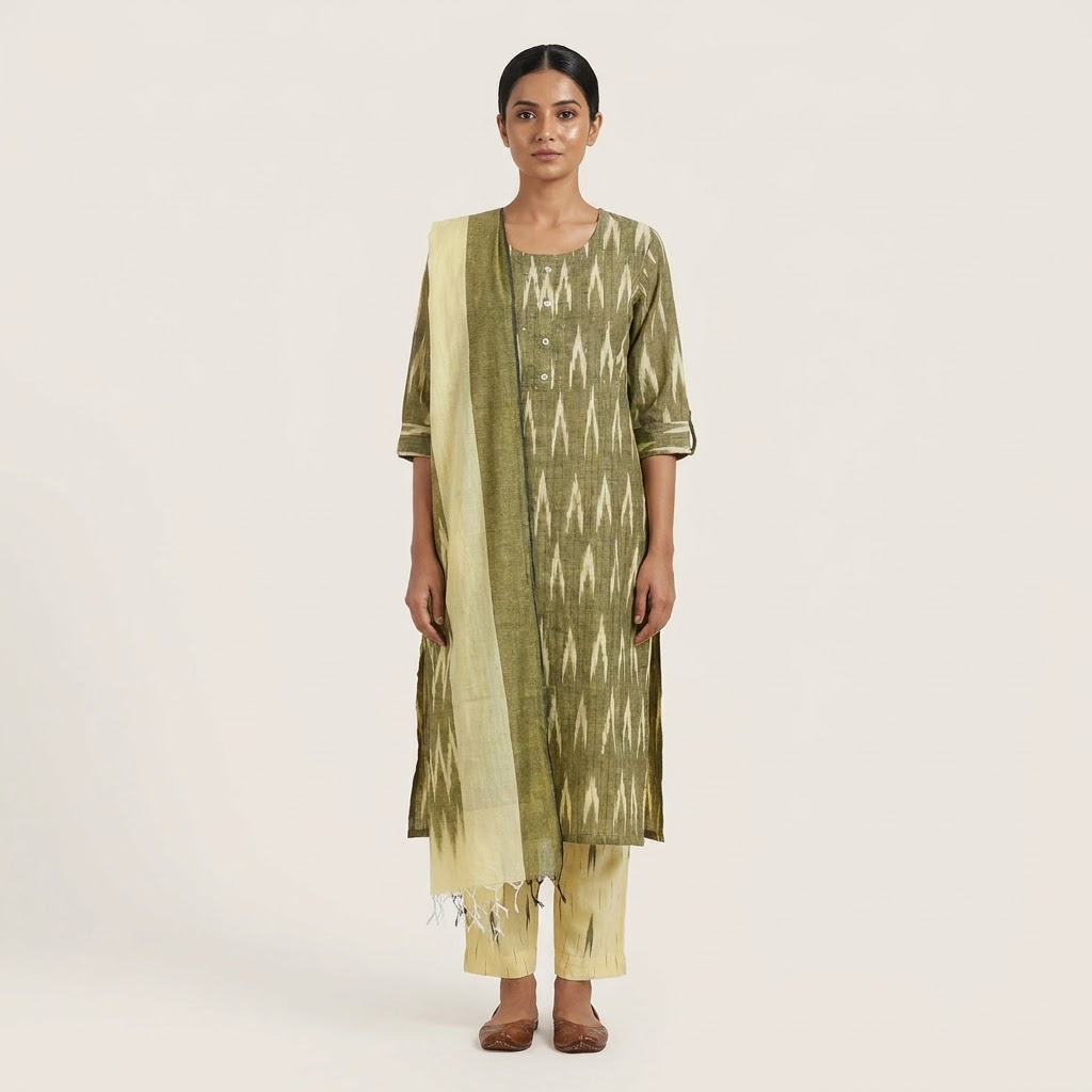 Olive Green Ikat Printed Kurta Set with Dupatta