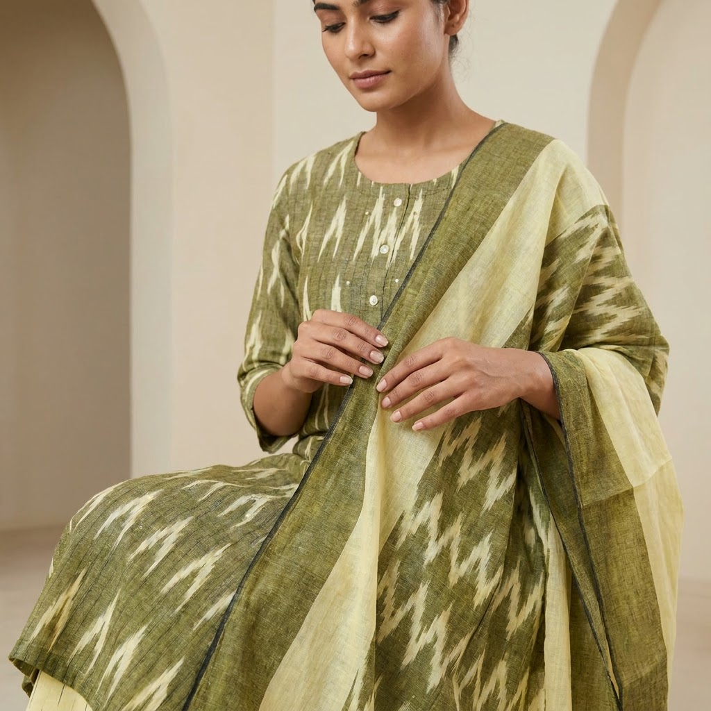 Olive Green Ikat Printed Kurta Set with Dupatta
