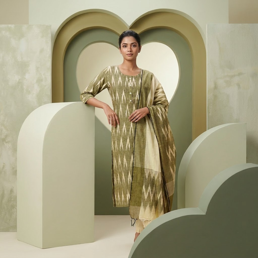 Olive Green Ikat Printed Kurta Set with Dupatta – 5 PCS Bundle (S, M, L, XL, XXL) (RS 1095 PER PIECE)