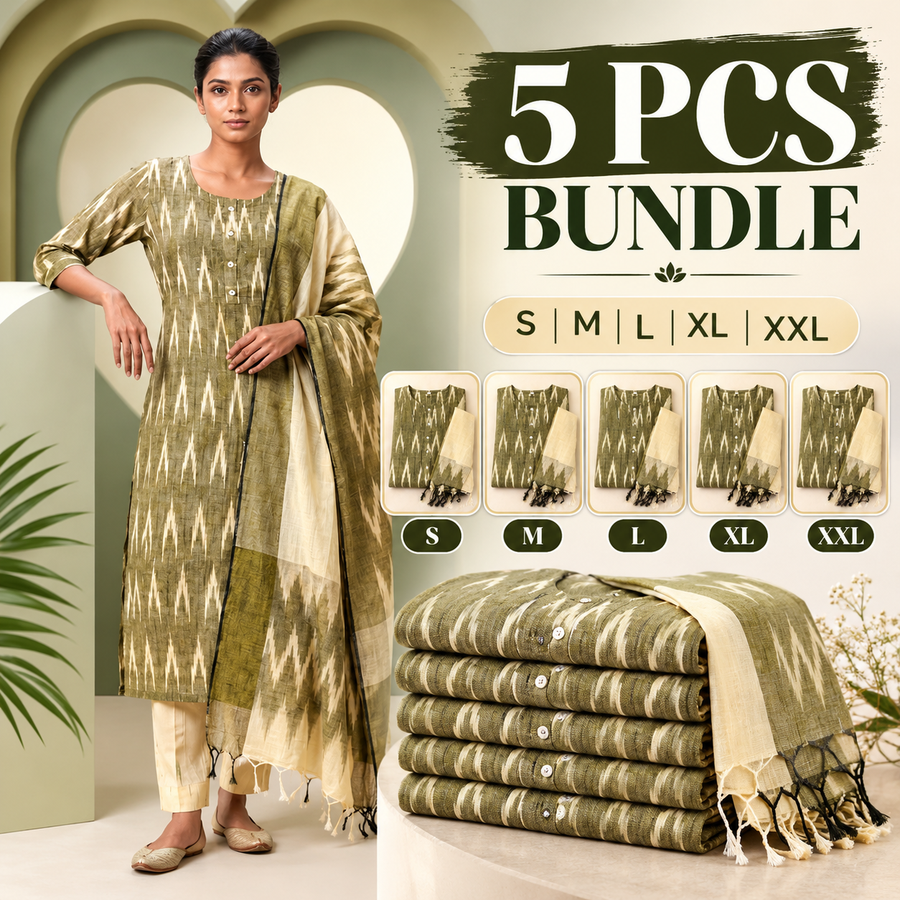 Olive Green Ikat Printed Kurta Set with Dupatta – 5 PCS Bundle (S, M, L, XL, XXL) (RS 1095 PER PIECE)