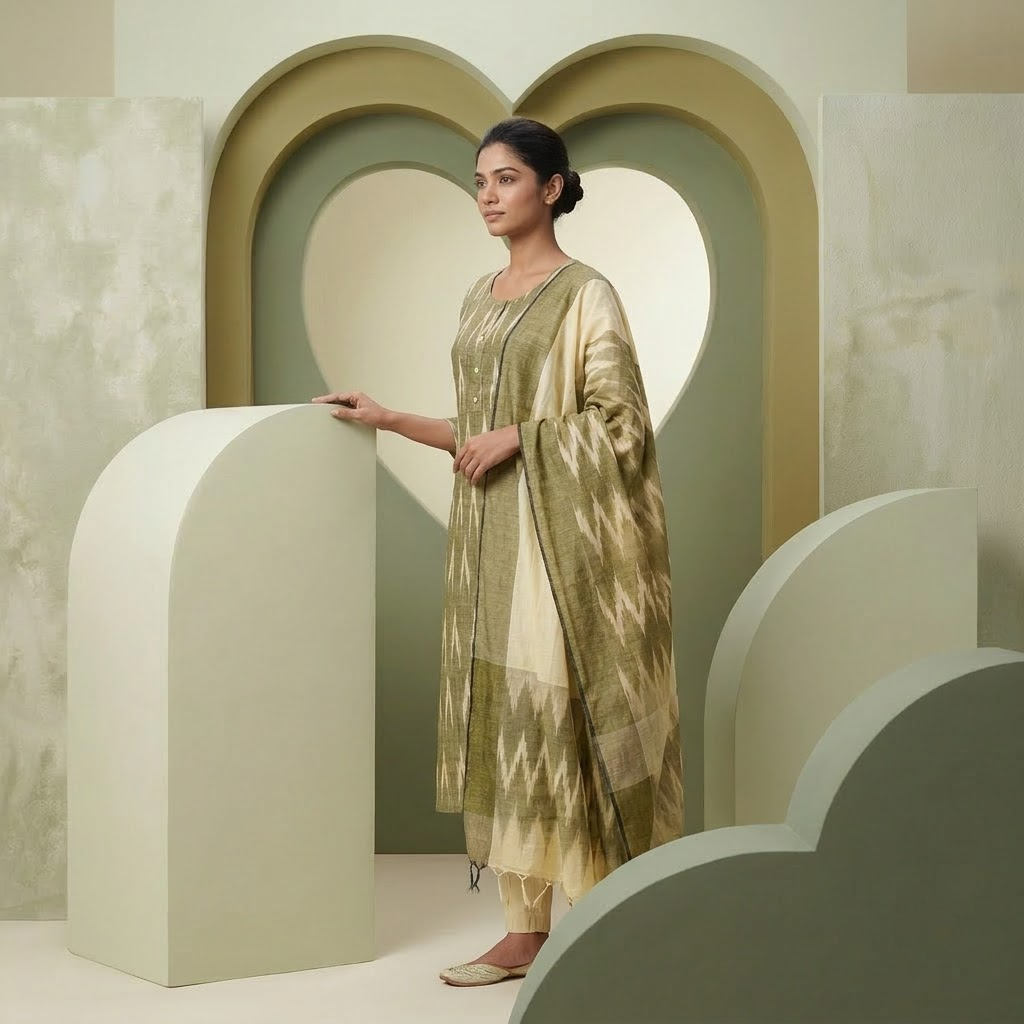 Olive Green Ikat Printed Kurta Set with Dupatta