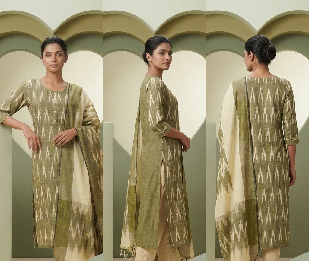 Olive Green Ikat Printed Kurta Set with Dupatta