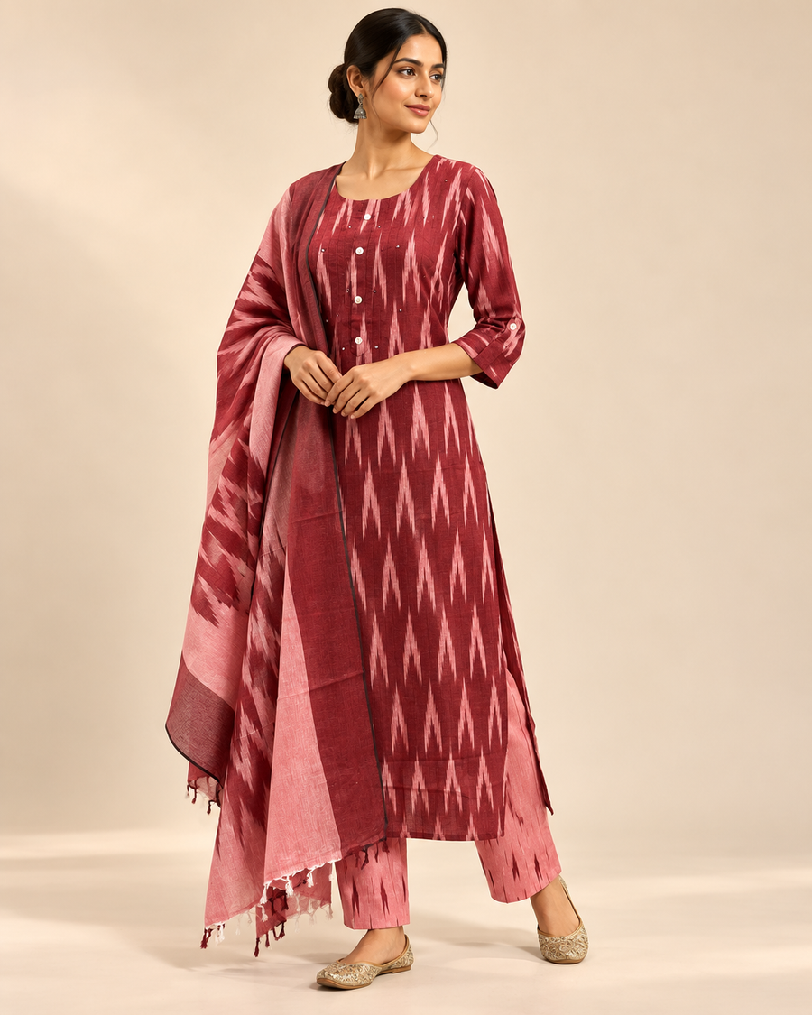 MAROON IKKAT SET 3 PC SET (RS. 1095)  SIZES M-3XL